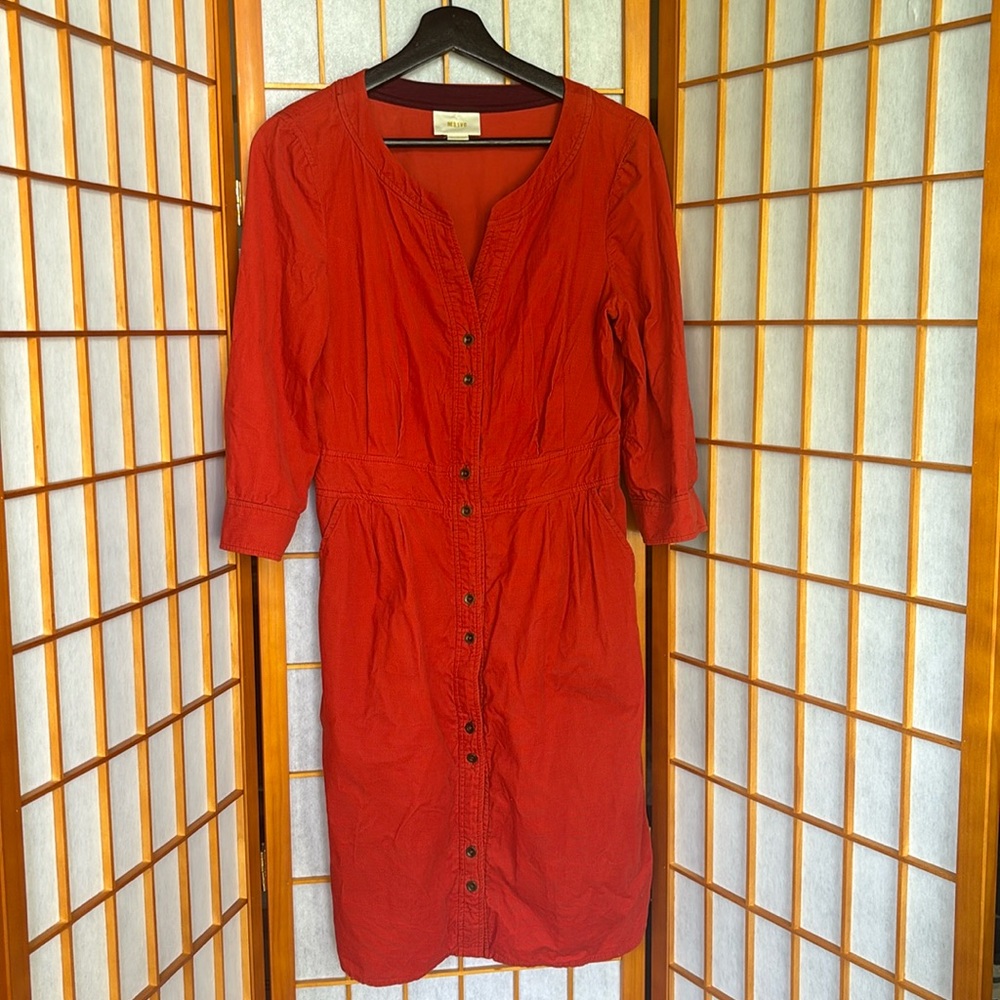 Maeve Corduroy Button Dress, MiniMidi, Scarlet, 3/4 Sleeve w/ POCKETS!!!